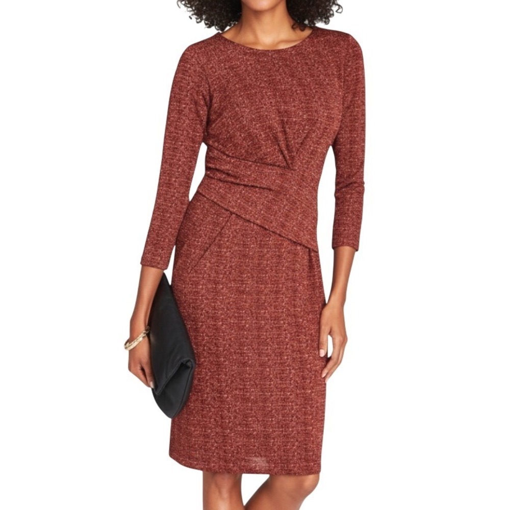 TALBOTS Sheath Dress MAROON/BLACK/ORANGE Stretchy Knit KNEE LENGTH sz M-P, PM